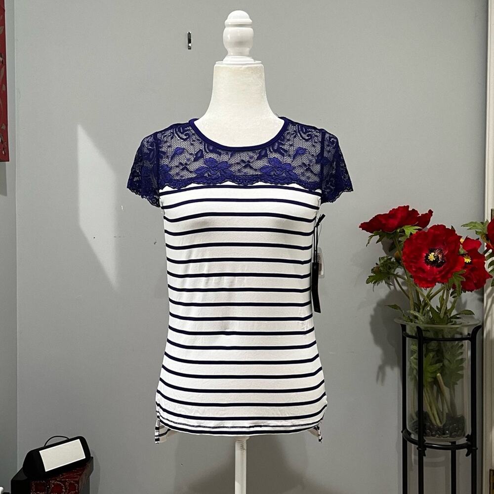NEW Dex Contrast Two-Tone Striped Longline Lace Short Sleeve Top Sapphire S NWT